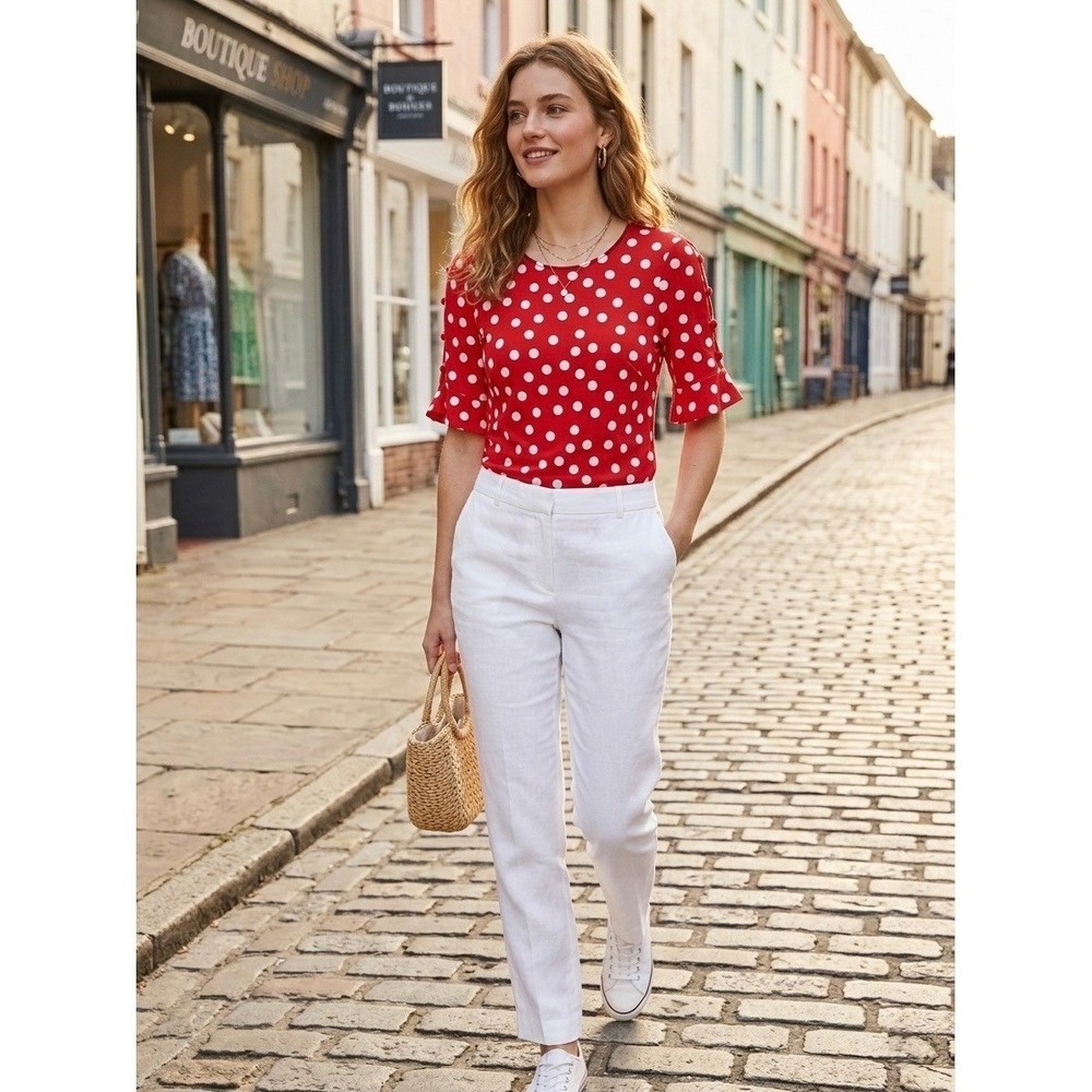 Boden Red Polka Dot Bell Sleeve Top Button Detail Crew Neck US 8 UK 12 J0458